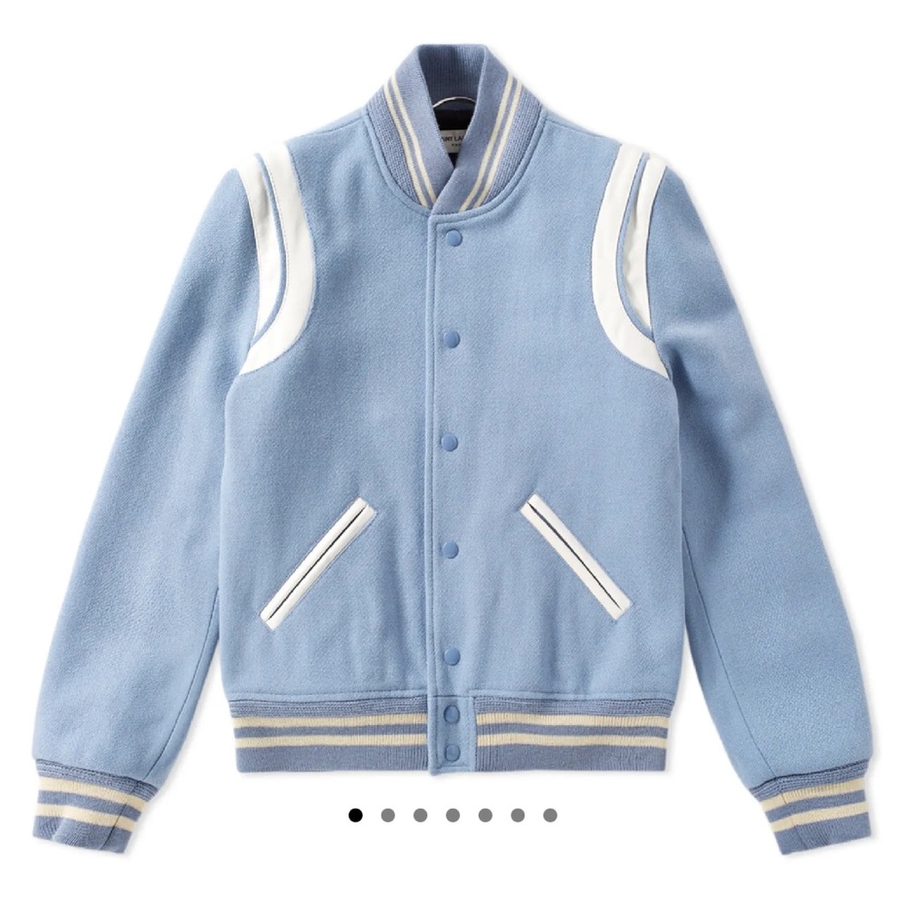 Saint Laurent Teddy Varsity Jacket Baby Blue Size 46 NWT